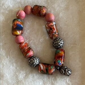 Artisan Multicolor Beaded Bracelet with Silver Charms
